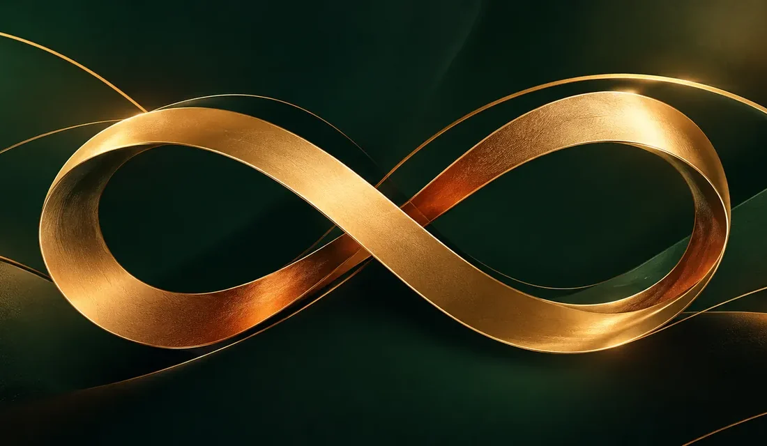 A gold infinity symbol: the 8 of ROOM 8 turned on its side